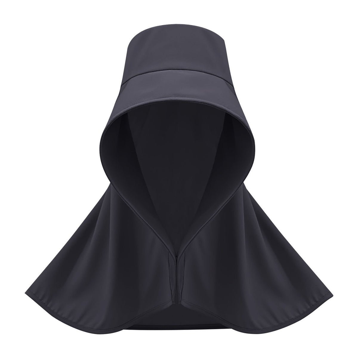 Black wide brim sun hat with neck flap, shown flat on white