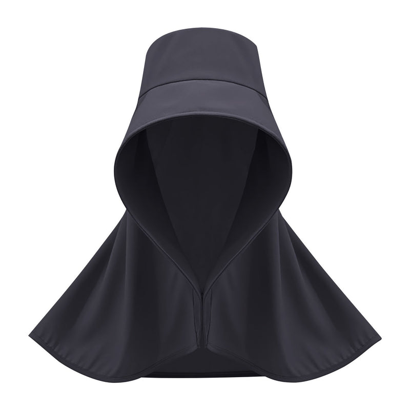 Black wide brim sun hat with neck flap, shown flat on white