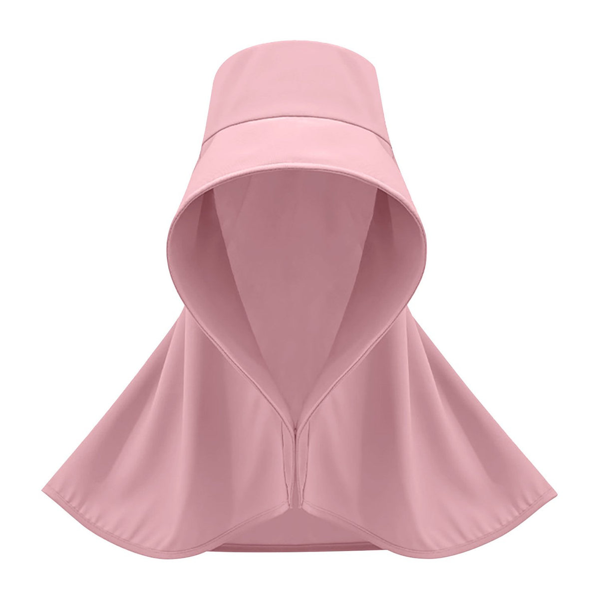 Pink wide brim sun hat with neck flap, shown flat on white