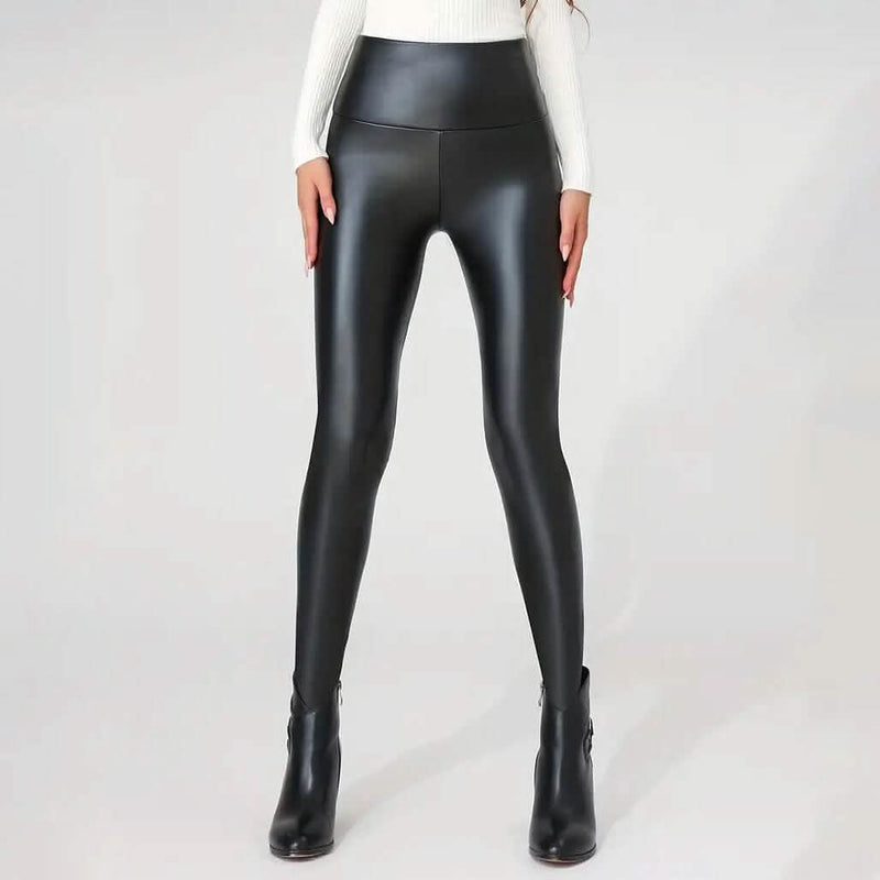High Waisted Faux PU Leather Plush Lined Elastic Slim Leggings Women's Bottoms - DailySale