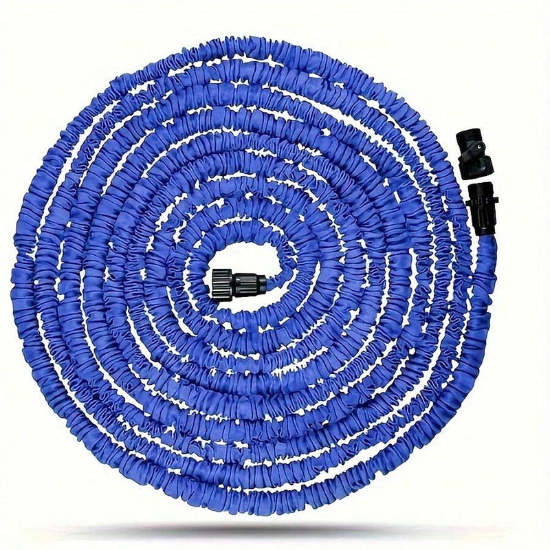 Blue expandable garden hose coiled with threaded connectors at both ends
