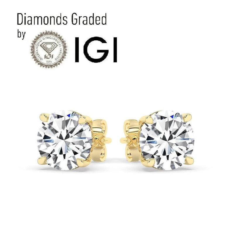 IGI,F/VS1 ,2 CT Solitaire Lab-Grown Round Diamond Studs Earring, 18K Yellow Gold Earrings - DailySale
