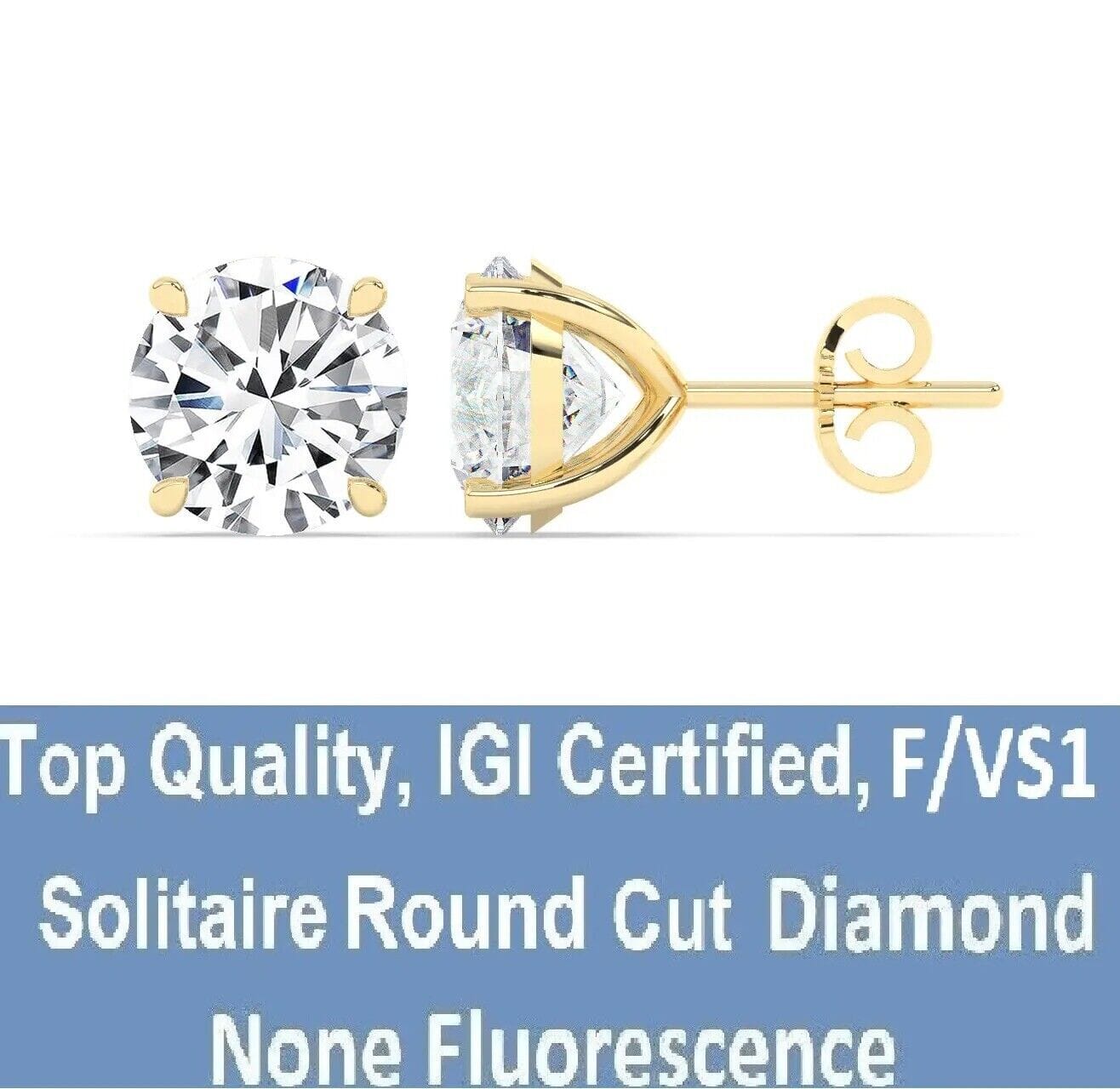 IGI,F/VS1 ,2 CT Solitaire Lab-Grown Round Diamond Studs Earring, 18K Yellow Gold Earrings - DailySale