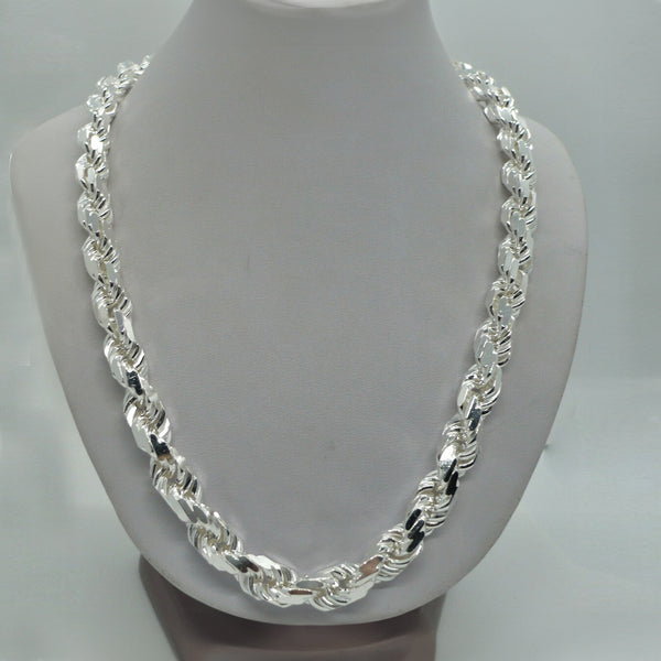 Solid 925 Sterling Silver Italian Rope Chain Mens Necklace 9mm - Diamond Cut