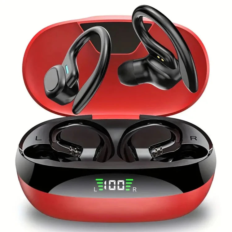 In-Ear Headphones With Noise Cancelling Mic, Sport Earhook & LED Display Headphones Red - DailySale