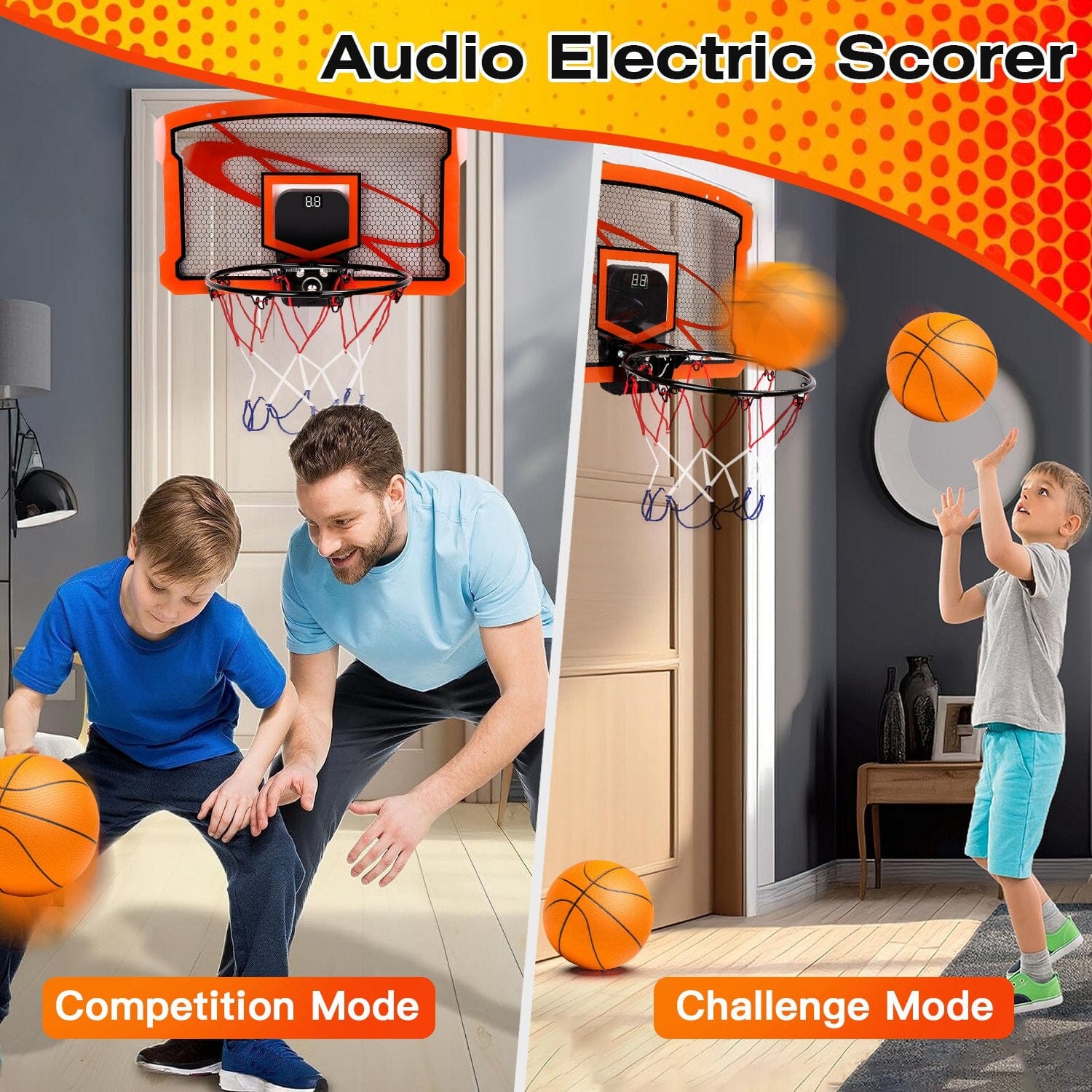 Indoor Mini Basketball Hoop Set with 4 Inflatable Balls Electric Audio Scorer Toys & Games - DailySale