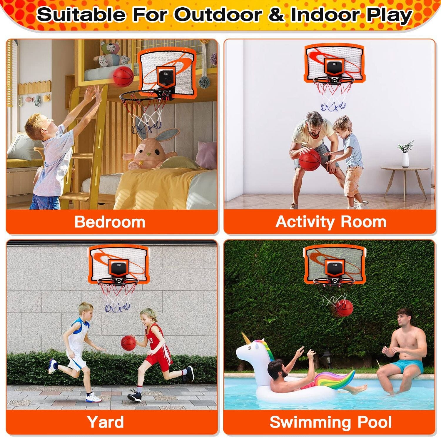 Indoor Mini Basketball Hoop Set with 4 Inflatable Balls Electric Audio Scorer Toys & Games - DailySale