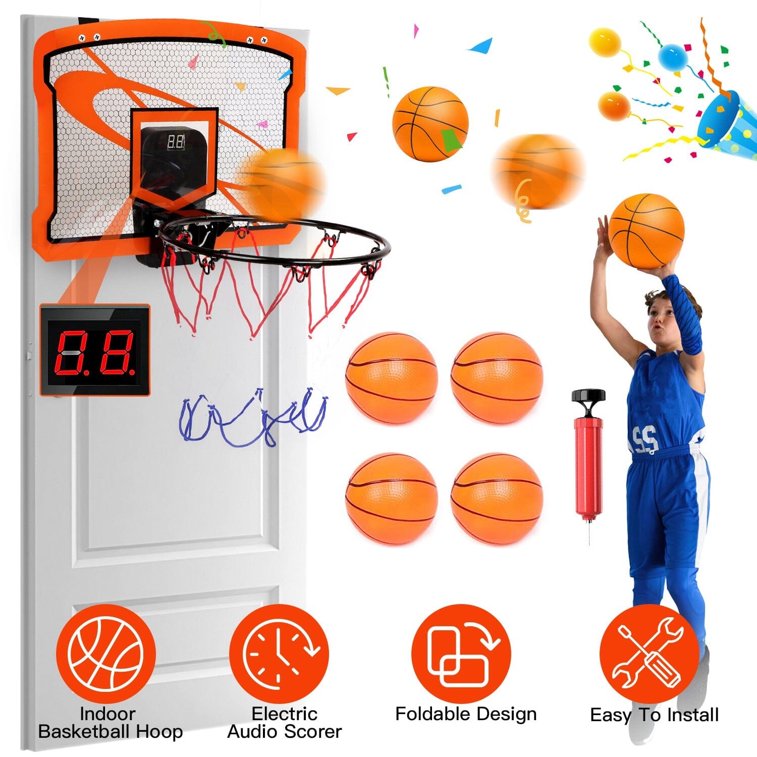 Indoor Mini Basketball Hoop Set with 4 Inflatable Balls Electric Audio Scorer Toys & Games - DailySale