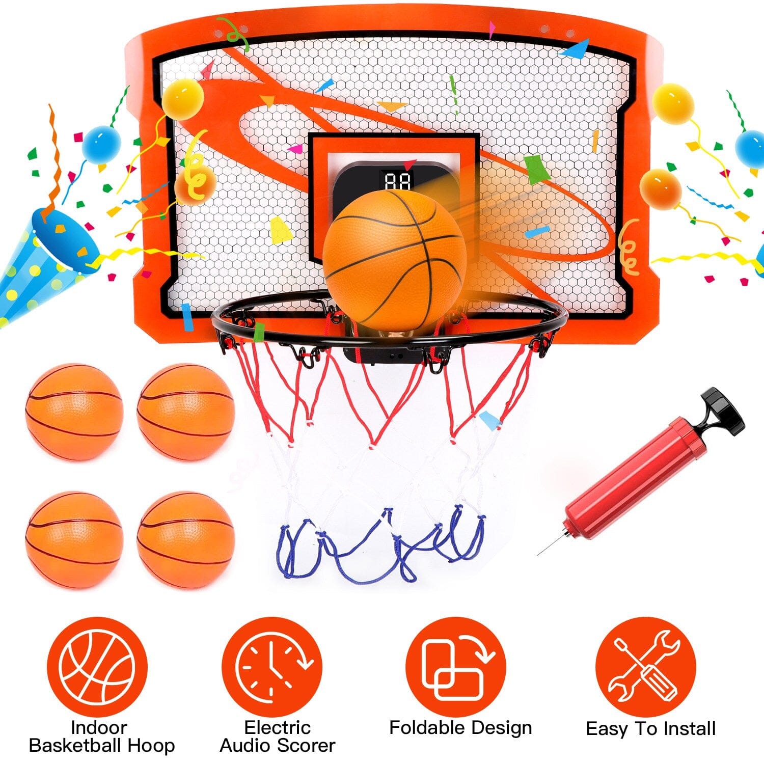 Indoor Mini Basketball Hoop Set with 4 Inflatable Balls Electric Audio Scorer Toys & Games - DailySale