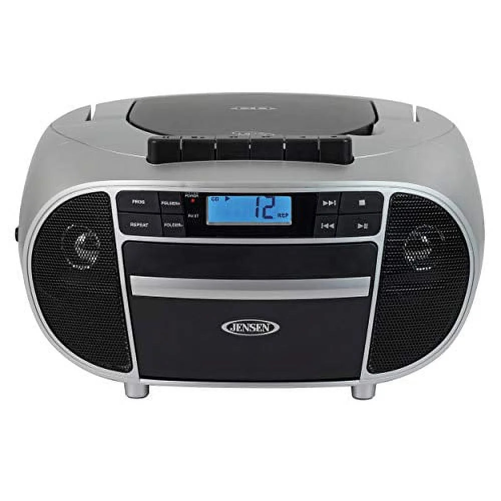 Jensen CD-550SMP3 Top-Loading Boombox CD/MP3 Black Series CD/MP3 AM/FM Radio Cassette Player, and Recorder Boombox Home Audio, Aux, Headphone Jack (Silver) Speakers - DailySale