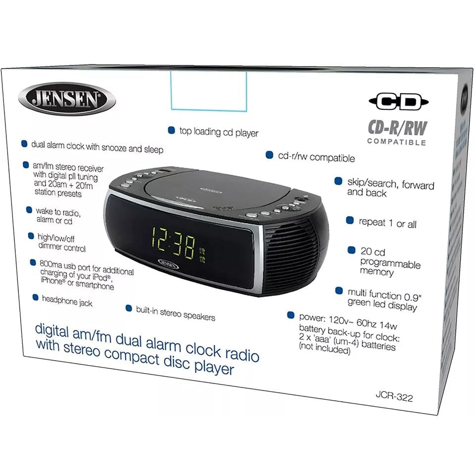 Jensen JCR-322 Modern Home CD Tabletop AM/FM Radio CD Player Dual Alarm Clock (Refurbished) Speakers - DailySale