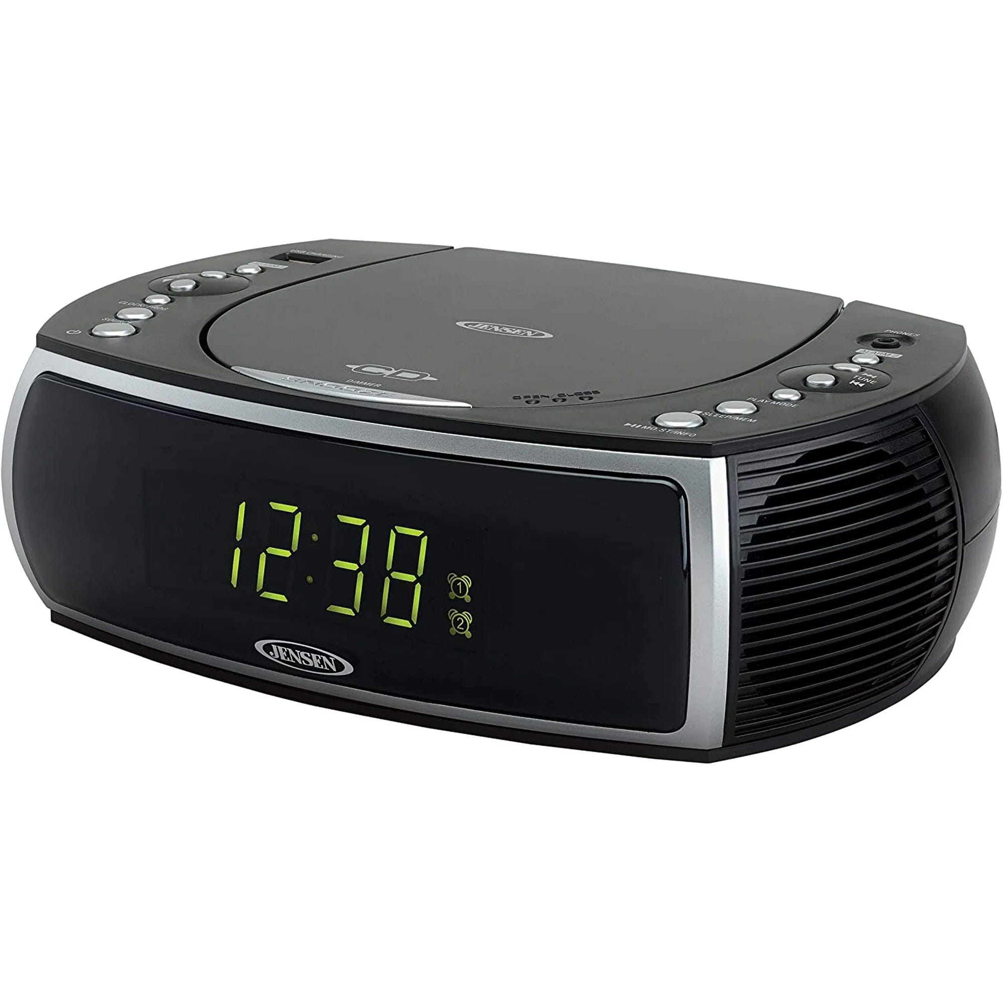 Jensen JCR-322 Modern Home CD Tabletop Stereo Clock Digital AM/FM Radio CD Player Dual Alarm Clock - Black Speakers - DailySale