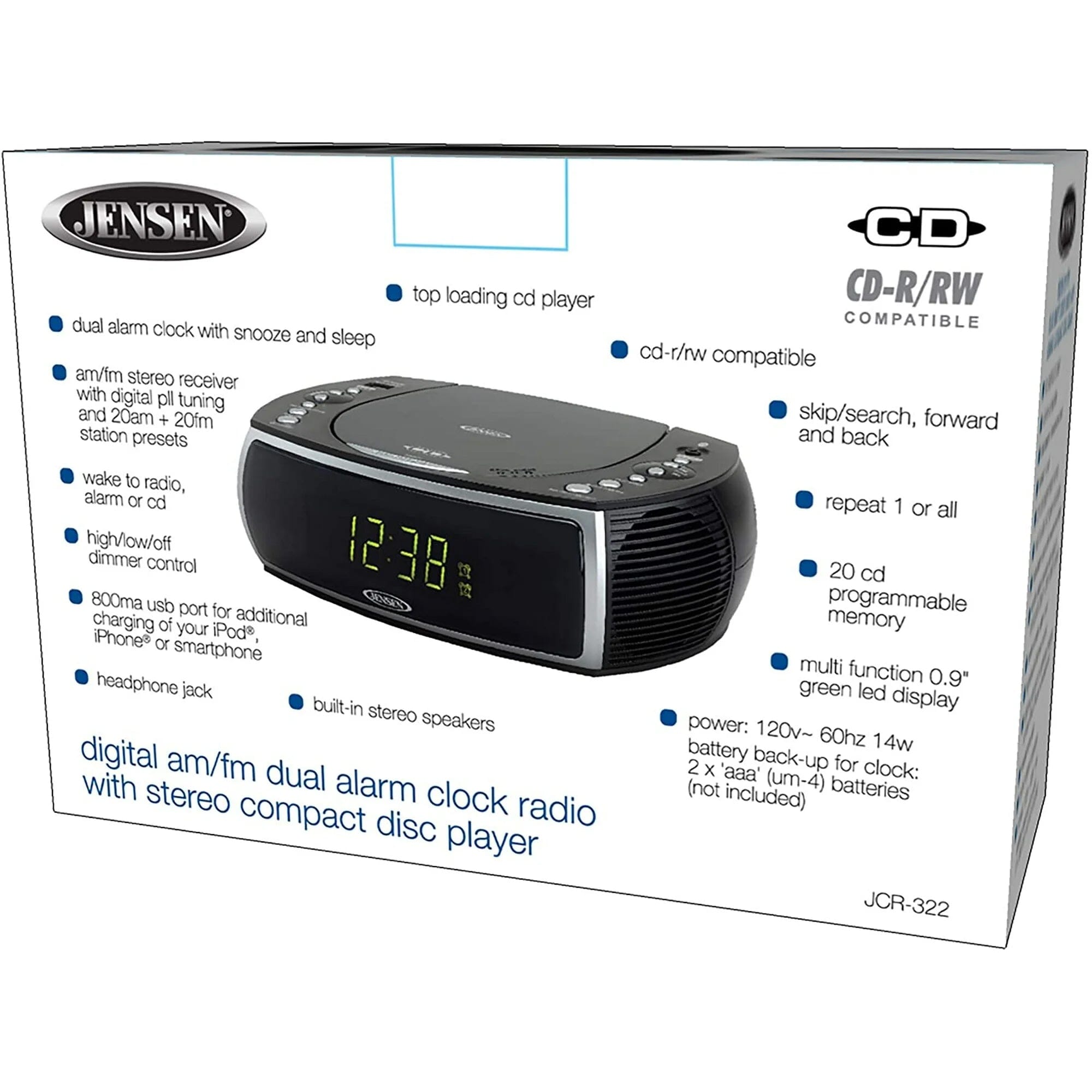 Jensen JCR-322 Modern Home CD Tabletop Stereo Clock Digital AM/FM Radio CD Player Dual Alarm Clock - Black Speakers - DailySale