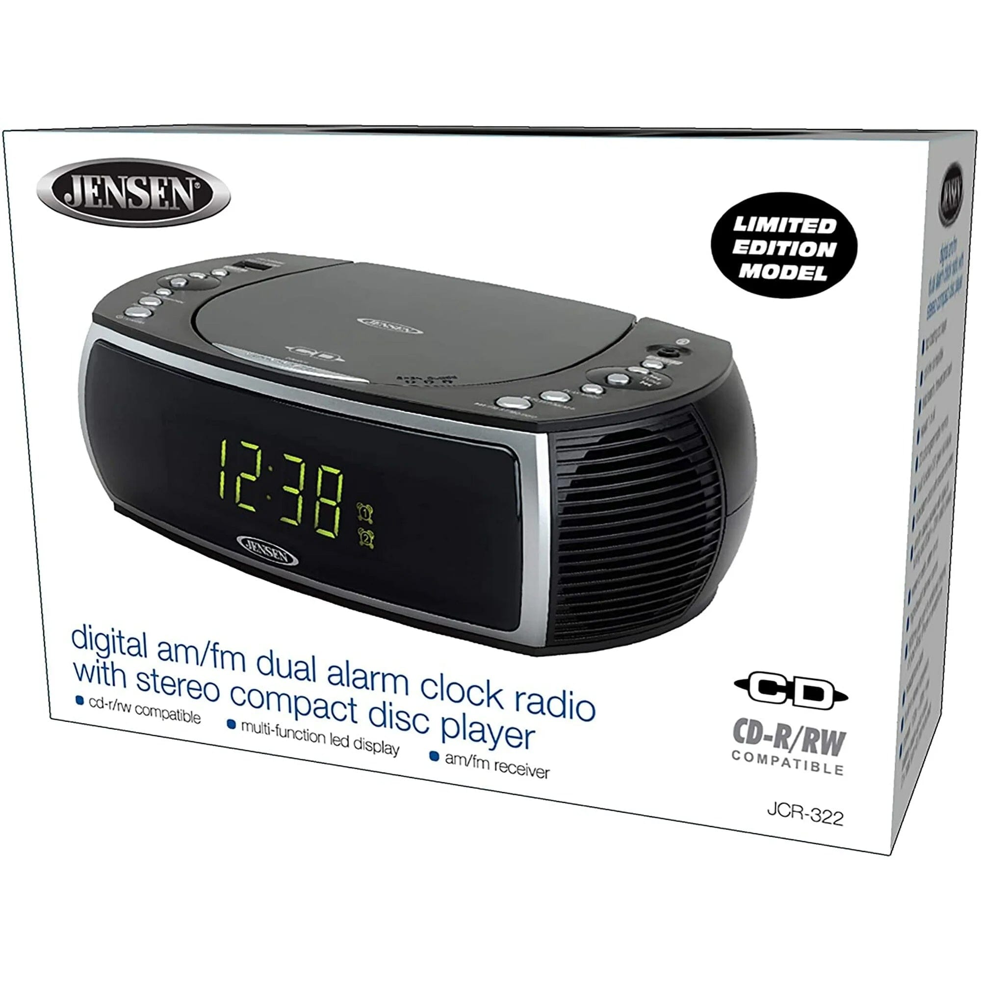 Jensen JCR-322 Modern Home CD Tabletop Stereo Clock Digital AM/FM Radio CD Player Dual Alarm Clock - Black Speakers - DailySale