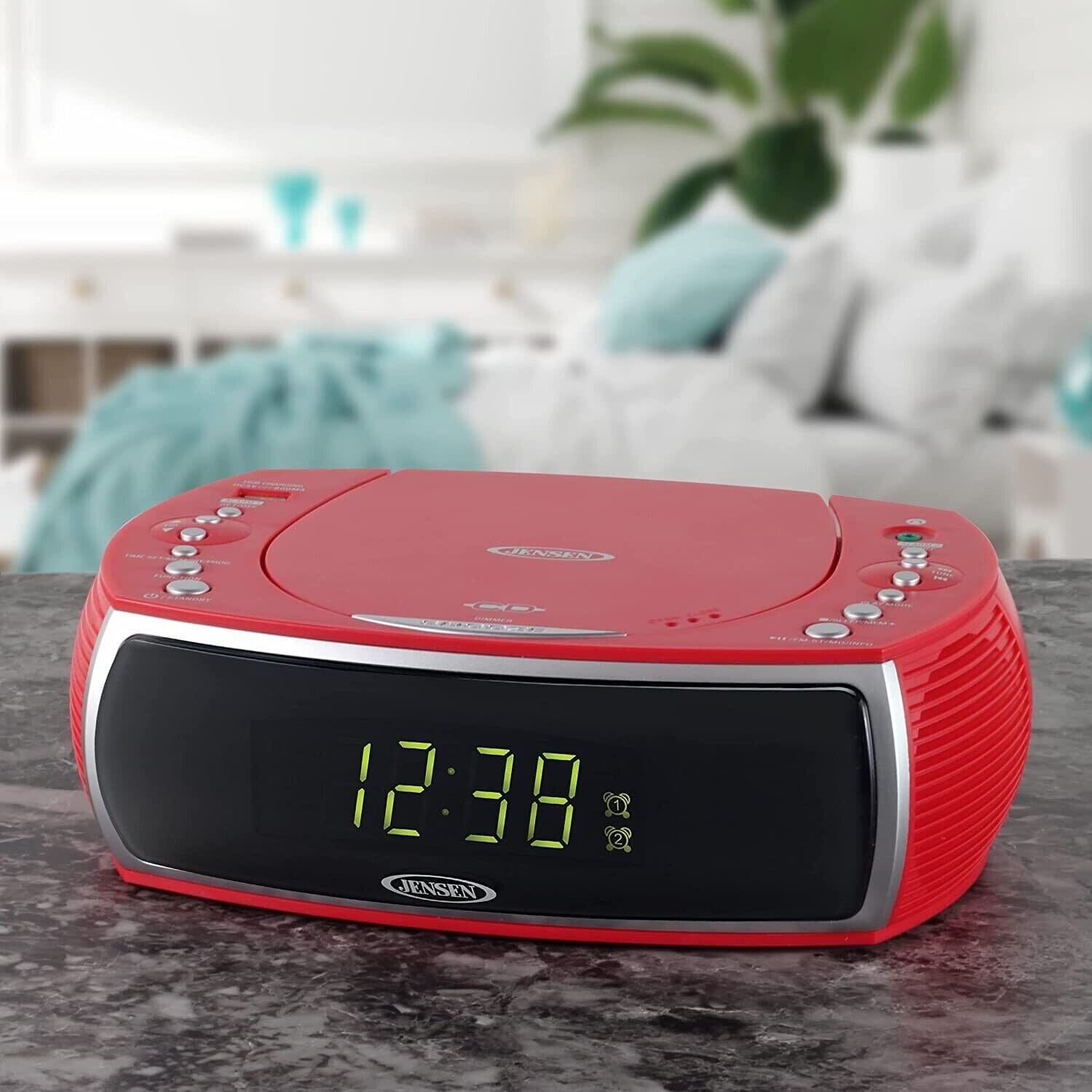 Jensen JCR-322R Modern Home CD Tabletop Stereo Clock Digital Display AM/FM Radio CD Player Dual Alarm Clock (Red) Household Appliances - DailySale