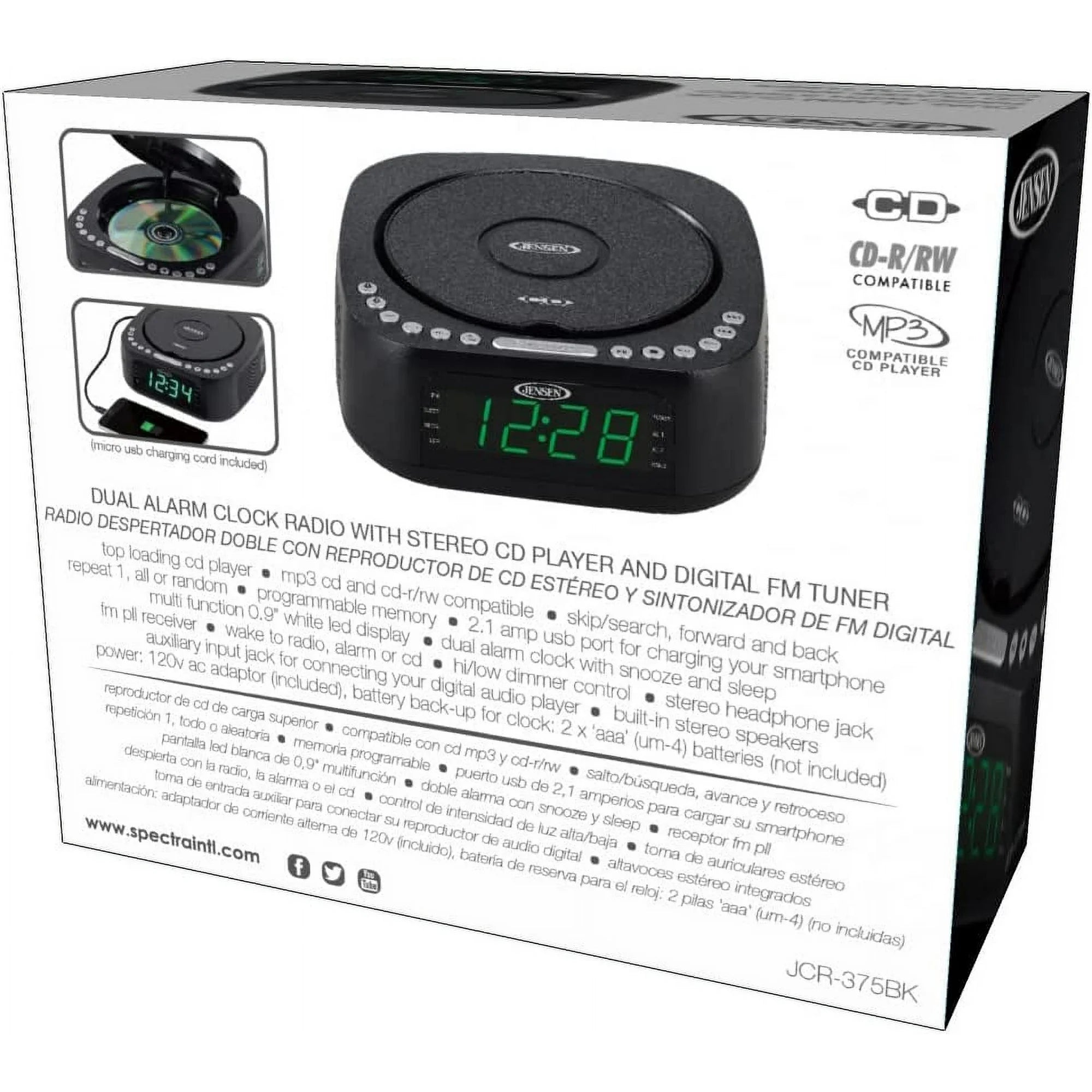 Jensen JCR-375 BLK Green LED CD/MP3 Clock Radio USB charge (Black) Household Appliances - DailySale