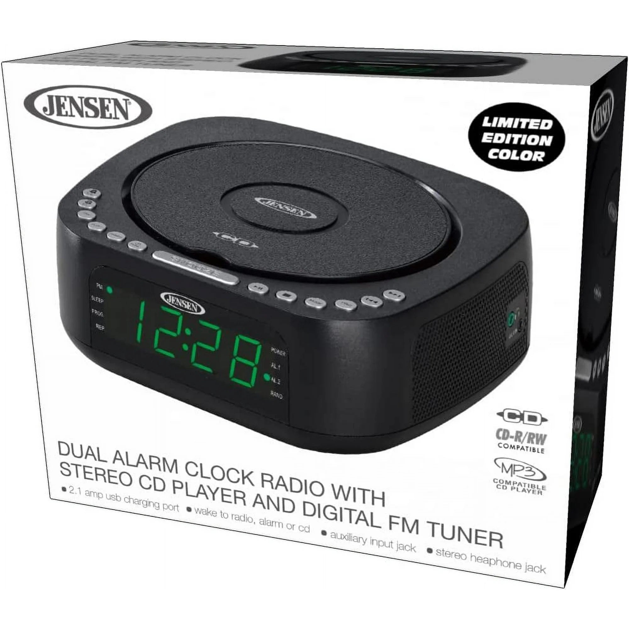 Jensen JCR-375 BLK Green LED CD/MP3 Clock Radio USB charge (Black) Household Appliances - DailySale