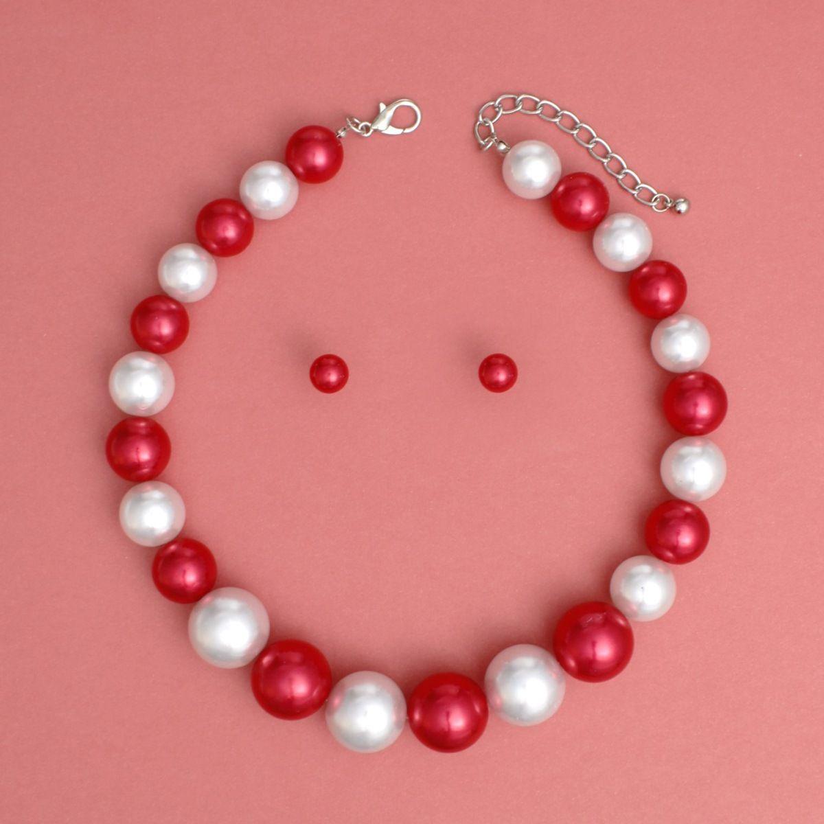 DST Red White Single Strand Chunky Pearl Necklace