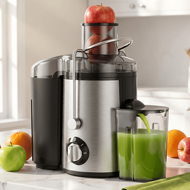 Stainless steel centrifugal juicer with juice cup, pulp container and fresh fruit