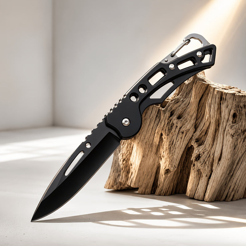 Folding pocket knife open on a wooden log