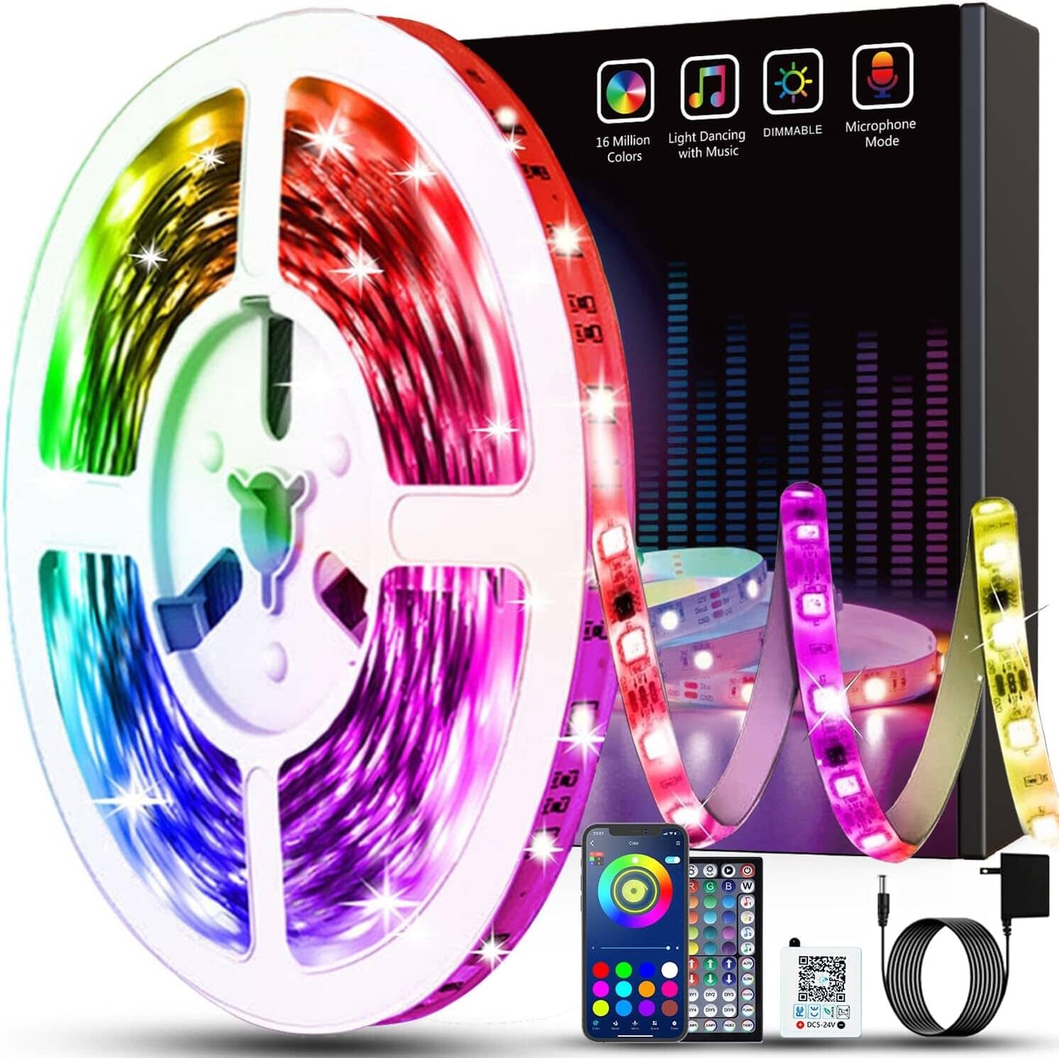 Keepsmile Bluetooth Smart APP Control RGB Color Changing Led Strip Lights with Remote Control and Power Adapter Led Lights String & Fairy Lights 50ft - DailySale