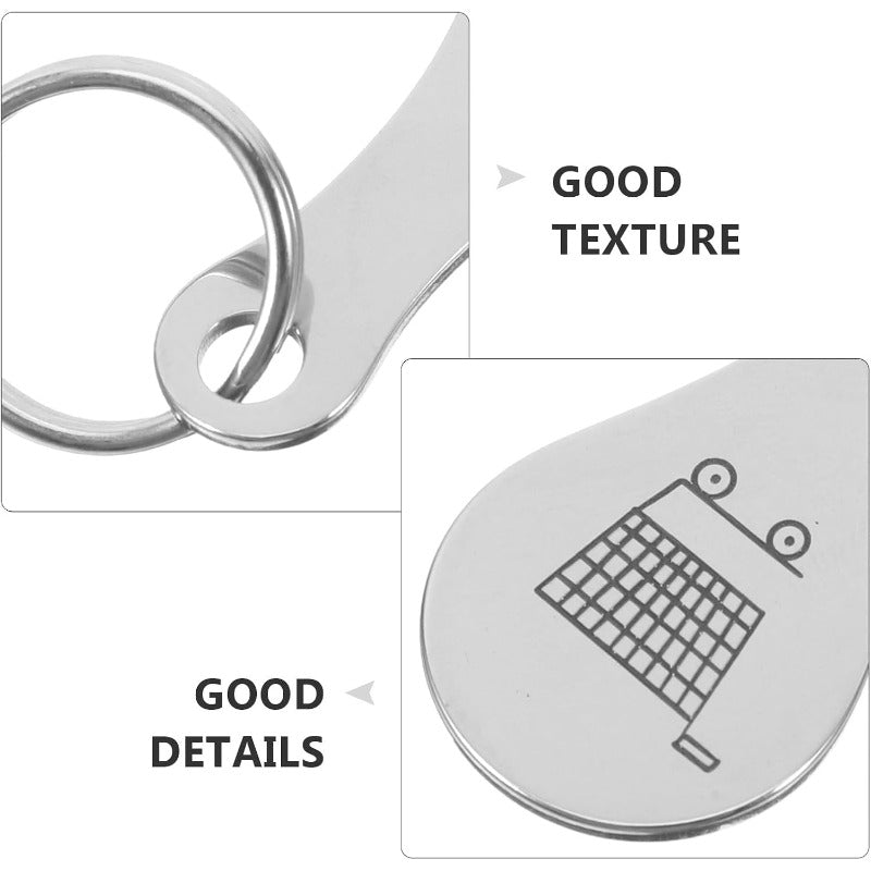 Close-up of the key ring and stamped shopping cart design
