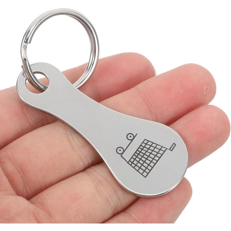 Shopping cart token keychain held in a palm showing its size