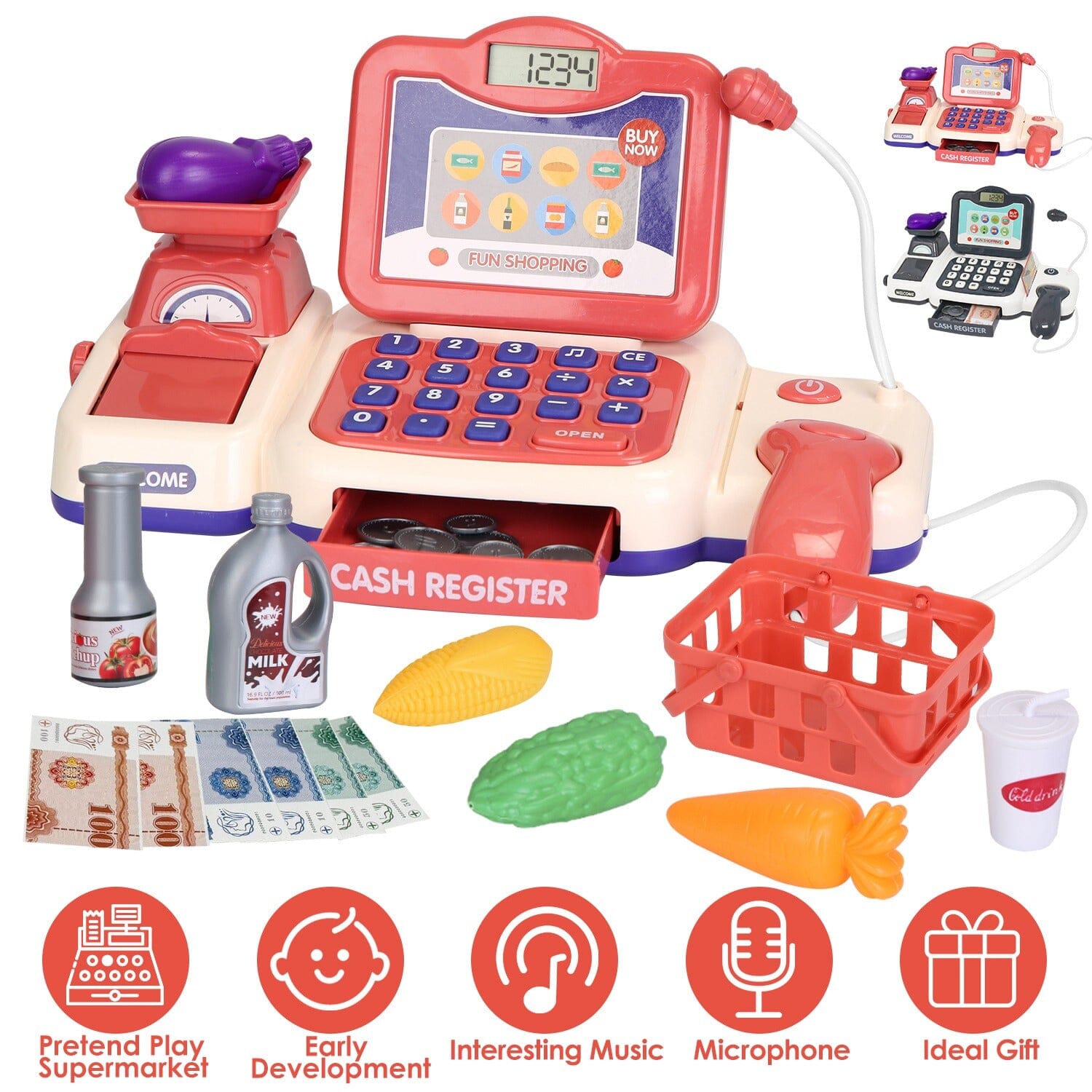 Kids Cash Register Pretend Play Cashier Toy with Scanner Calculator Toys & Games - DailySale