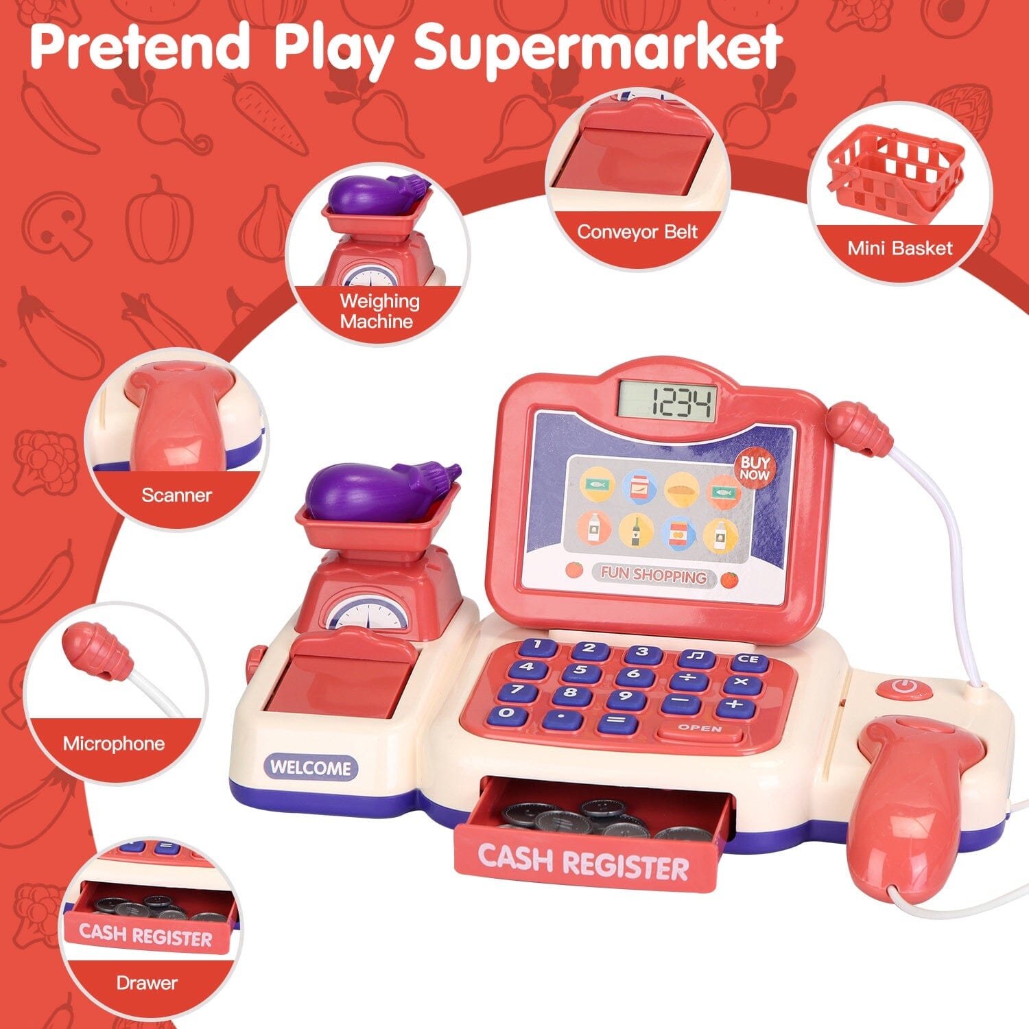 Kids Cash Register Pretend Play Cashier Toy with Scanner Calculator Toys & Games - DailySale