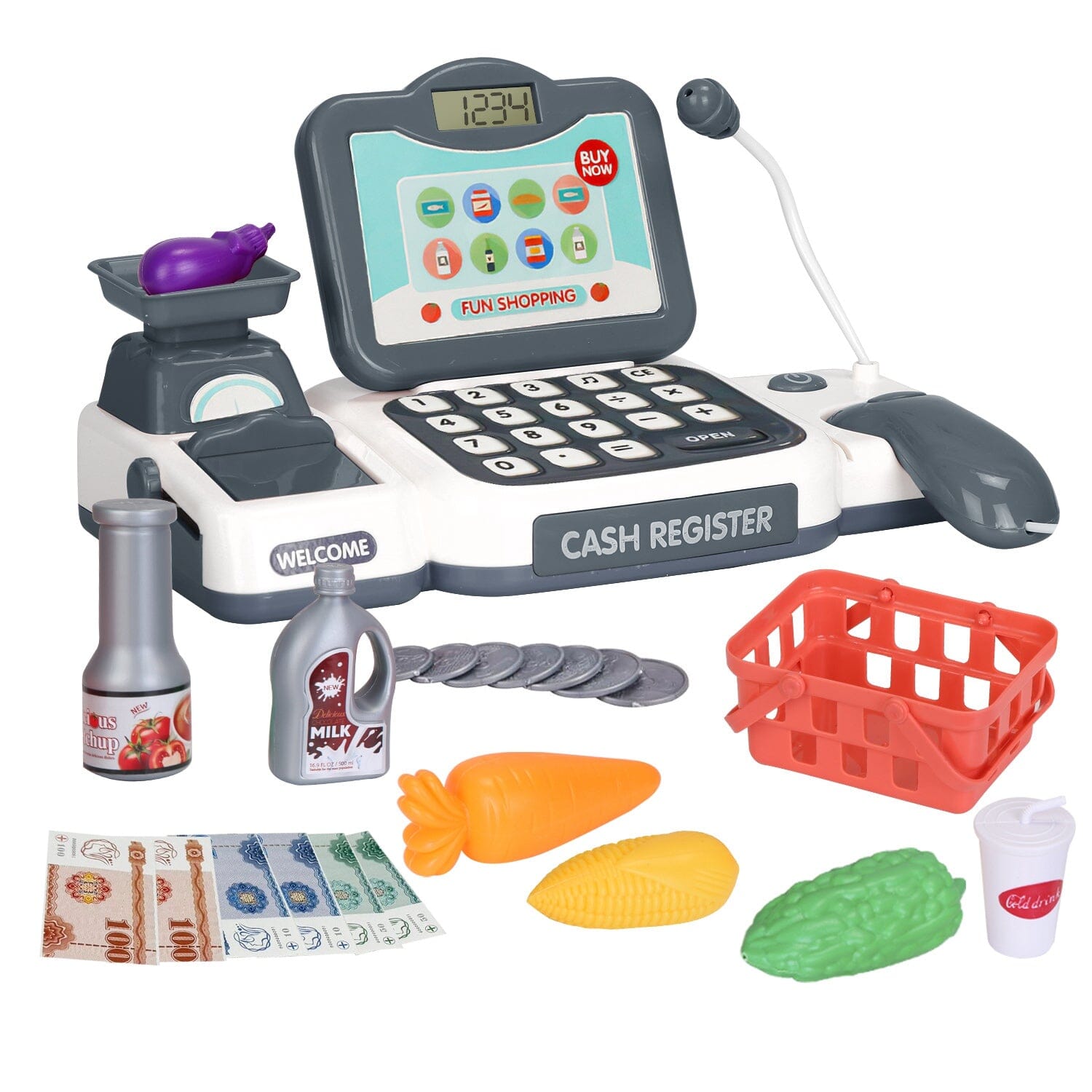 Kids Cash Register Pretend Play Cashier Toy with Scanner Calculator Toys & Games Gray - DailySale