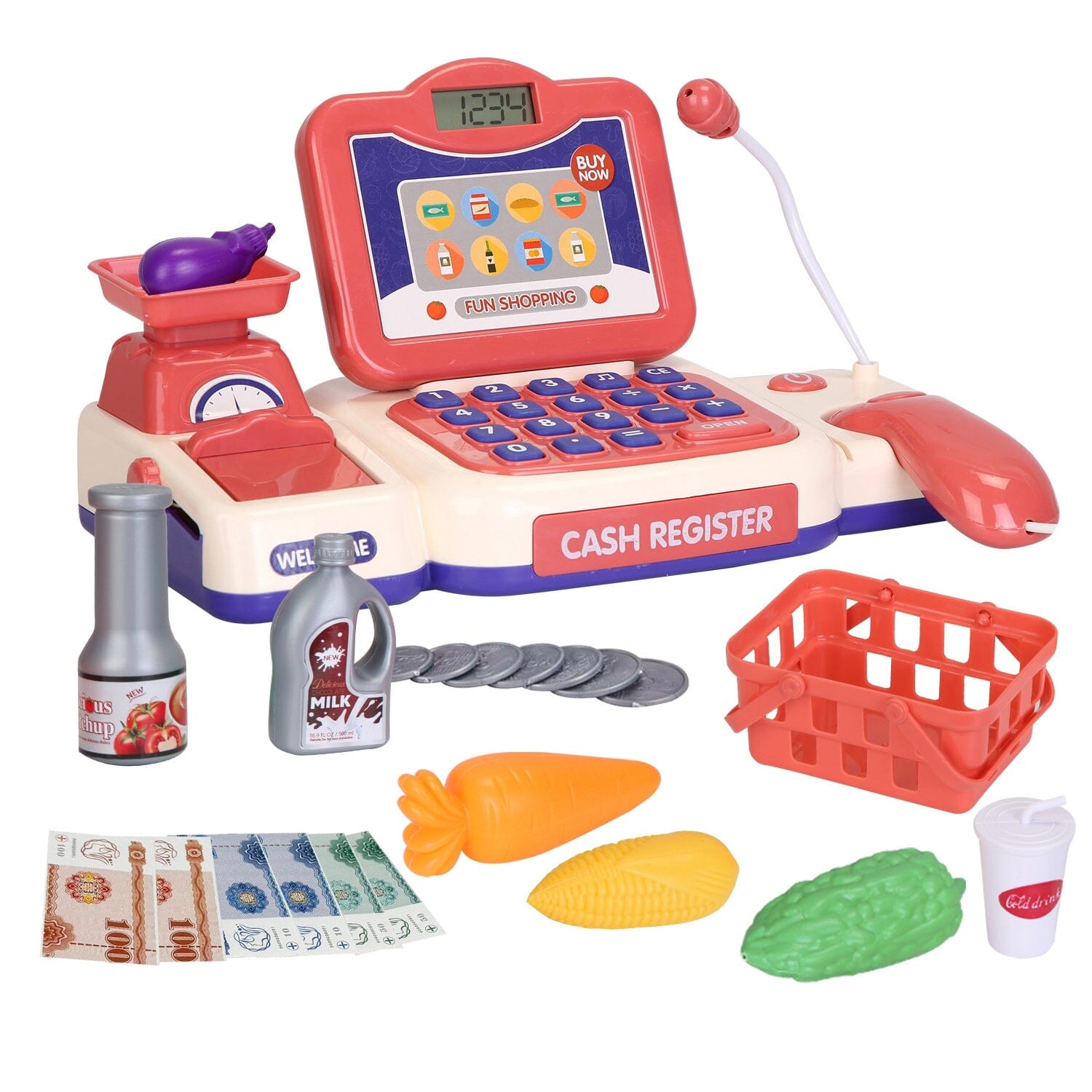 Kids Cash Register Pretend Play Cashier Toy with Scanner Calculator Toys & Games Pink - DailySale