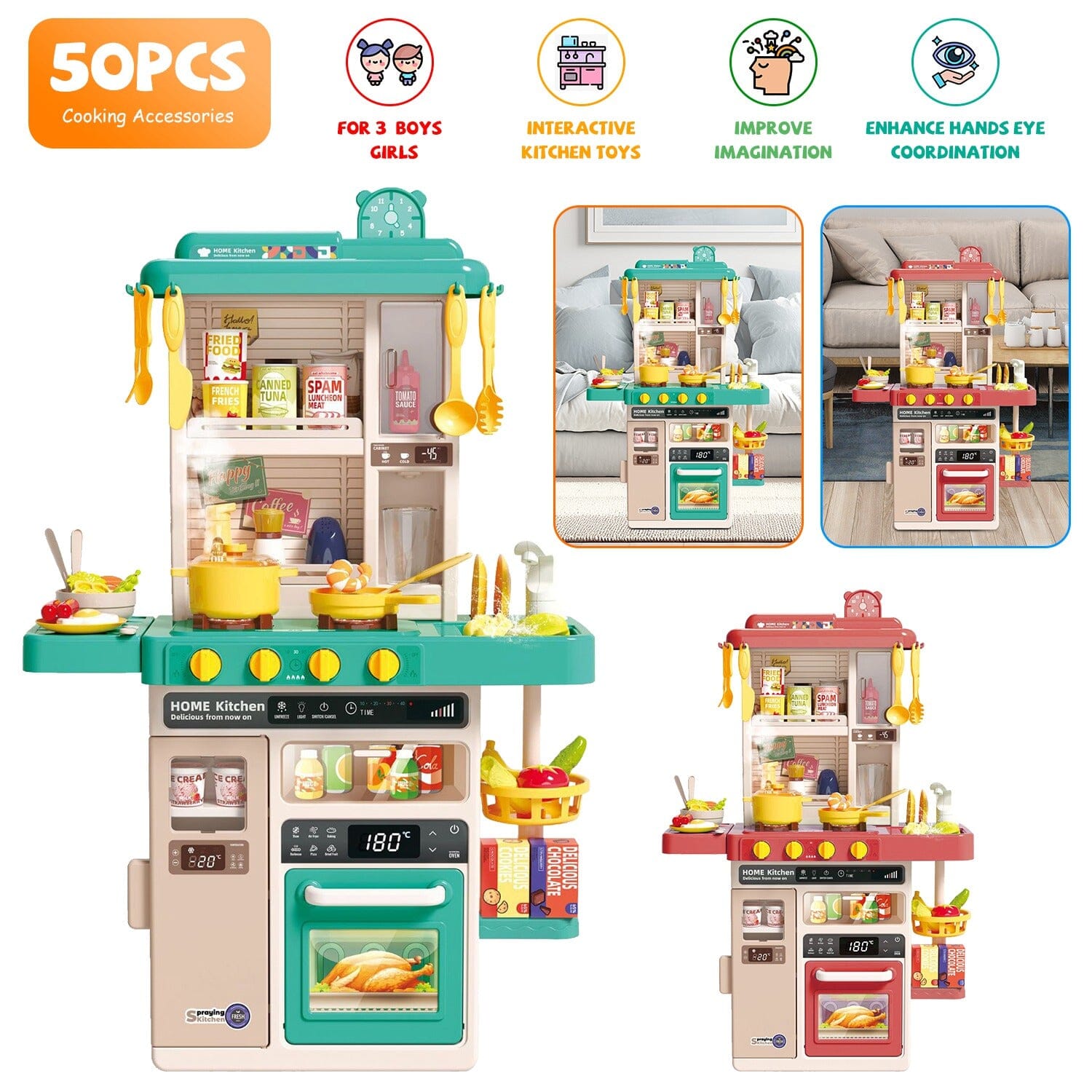 Kids Kitchen Play Set Interactive Pretend Kitchen Toys Cookware Toys & Games - DailySale