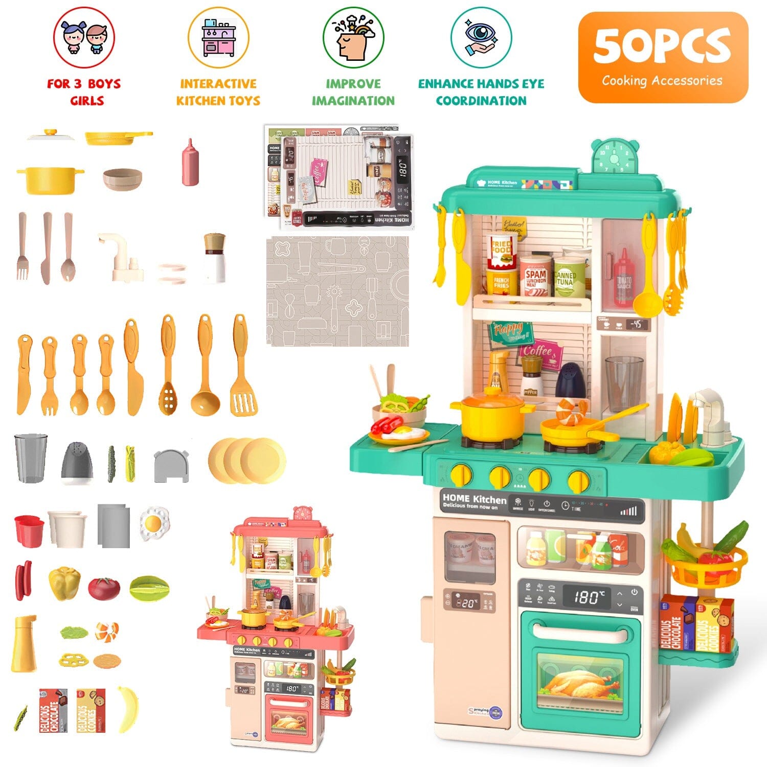 Kids Kitchen Play Set Interactive Pretend Kitchen Toys Cookware Toys & Games - DailySale