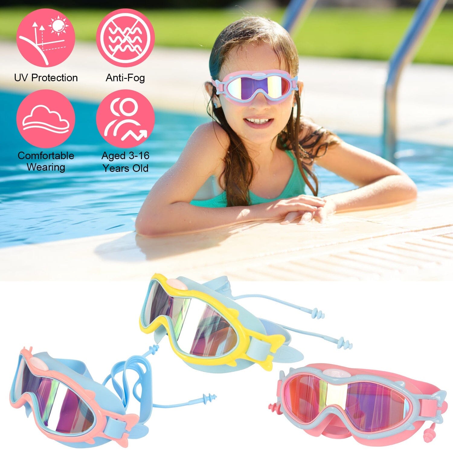 Kids Swim Goggles with Ear Plugs UV Protection Anti-Fog Leak Proof Sports & Outdoors - DailySale