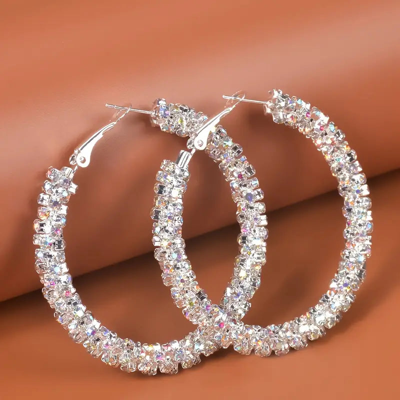 Large Full Rhinestone Silver Plated Hoop Earrings Earrings - DailySale