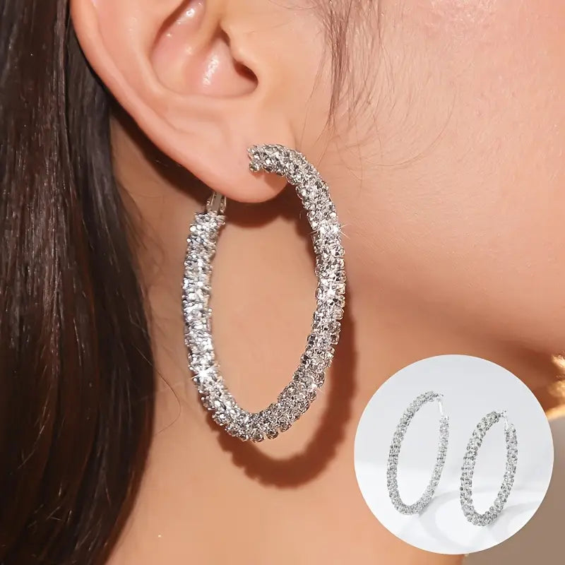 Large Full Rhinestone Silver Plated Hoop Earrings Earrings - DailySale