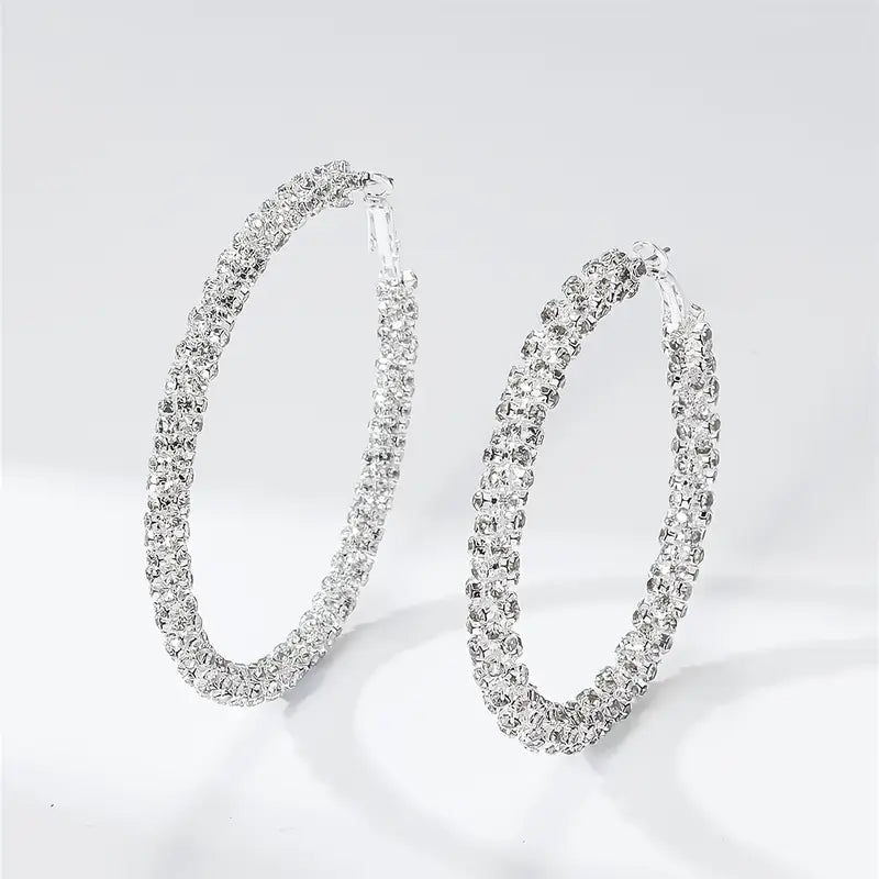 Large Full Rhinestone Silver Plated Hoop Earrings Earrings - DailySale