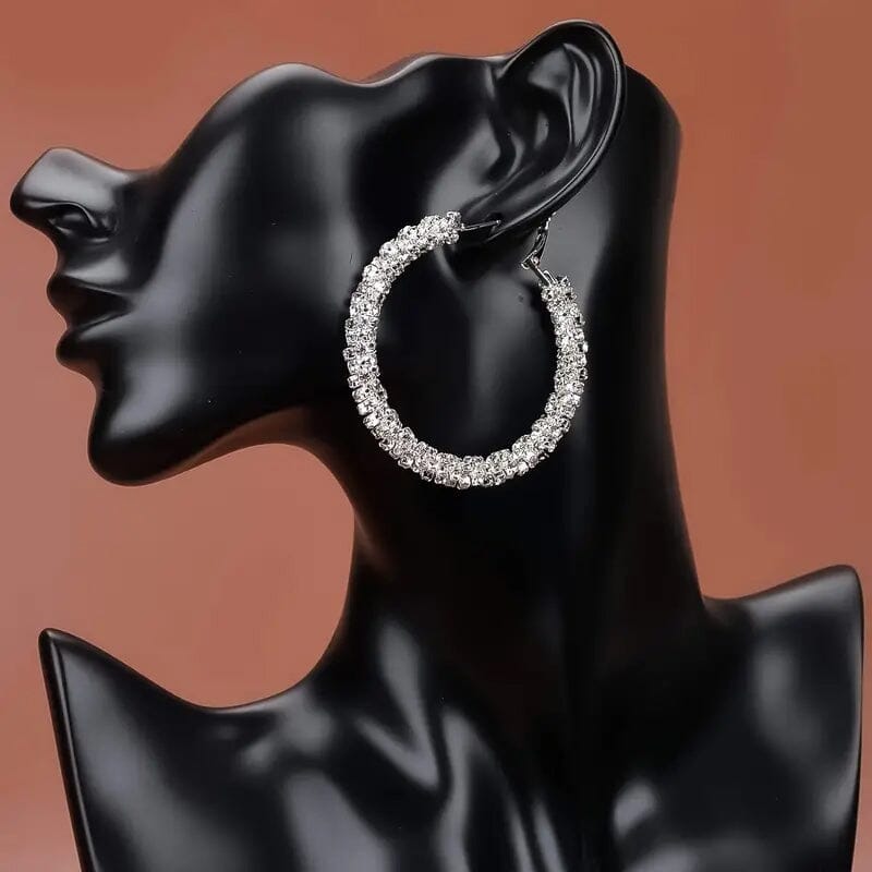 Large Full Rhinestone Silver Plated Hoop Earrings Earrings - DailySale