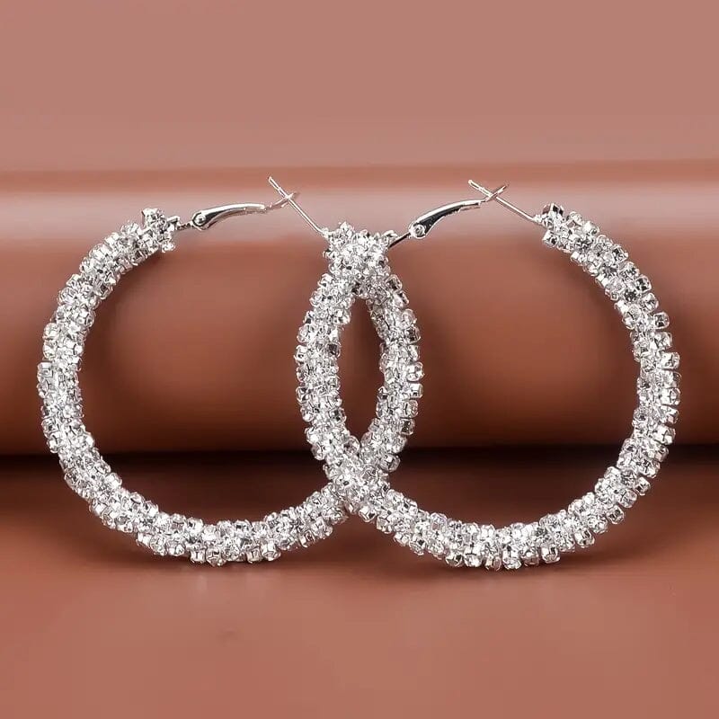 Large Full Rhinestone Silver Plated Hoop Earrings Earrings - DailySale