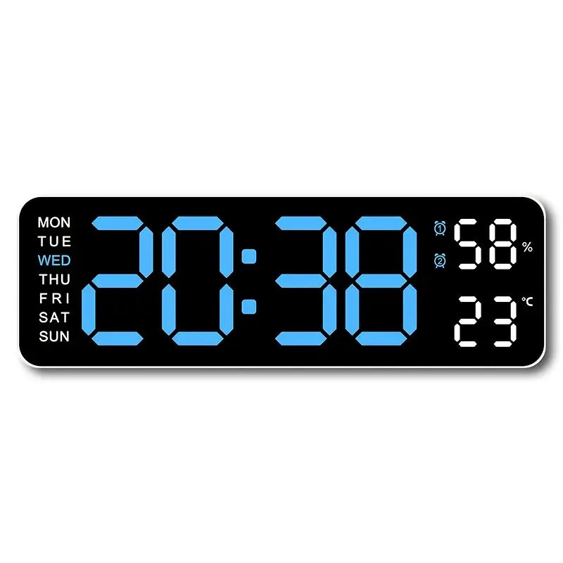 LED Digital Wall Clock with Large Display, Temperature & Humidity, Auto Light Sensor Household Appliances Blue - DailySale