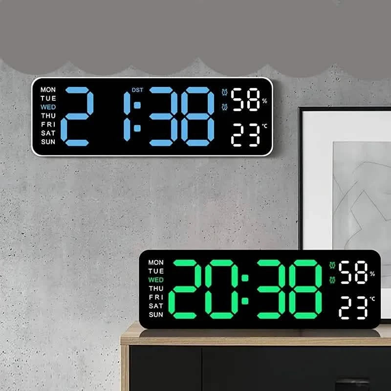 LED Digital Wall Clock with Large Display, Temperature & Humidity, Aut