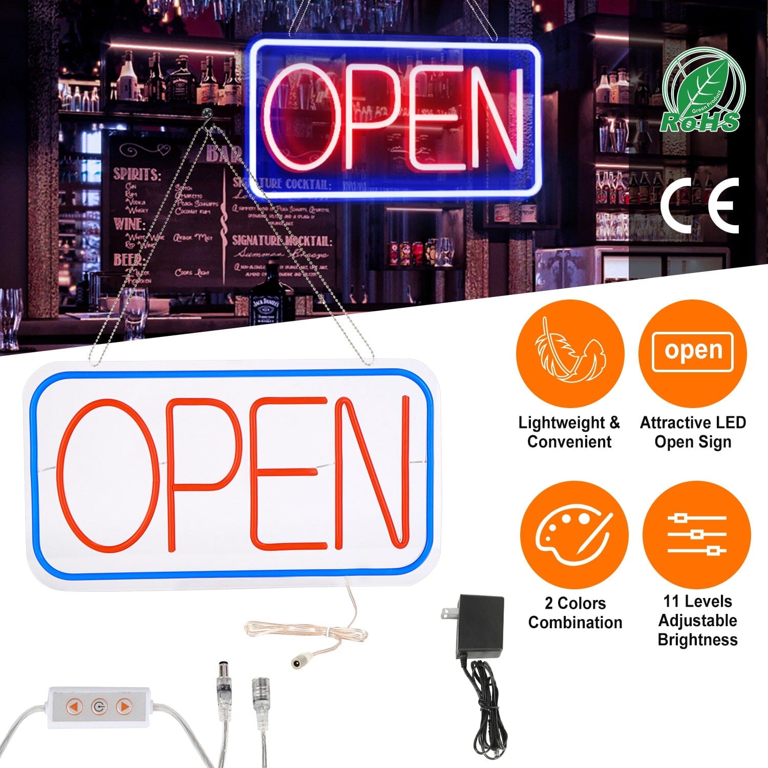 LED Open Sign Advertisement Board with 11 Levels Adjustable Brightness Indoor Lighting - DailySale