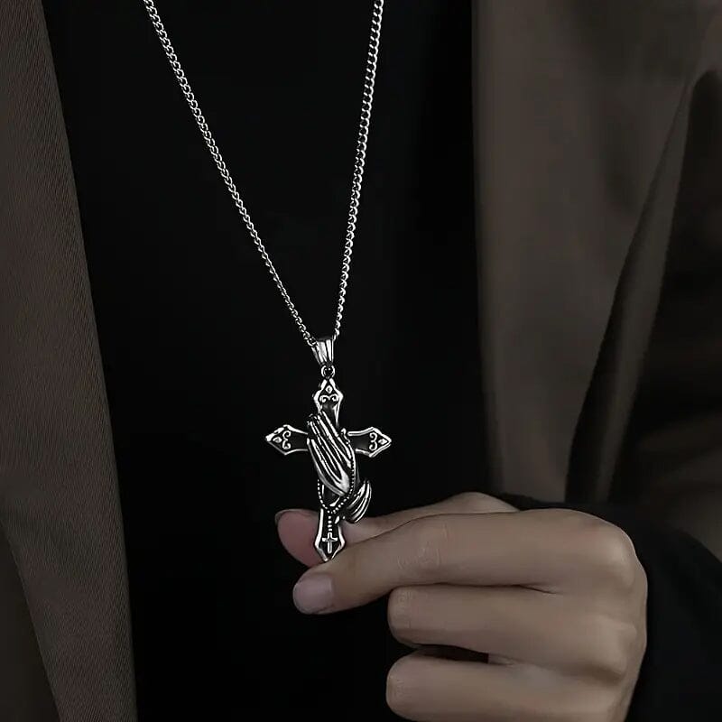 Men's Stainless Steel Prayer Hand and Cross Pendant Necklace Necklaces - DailySale