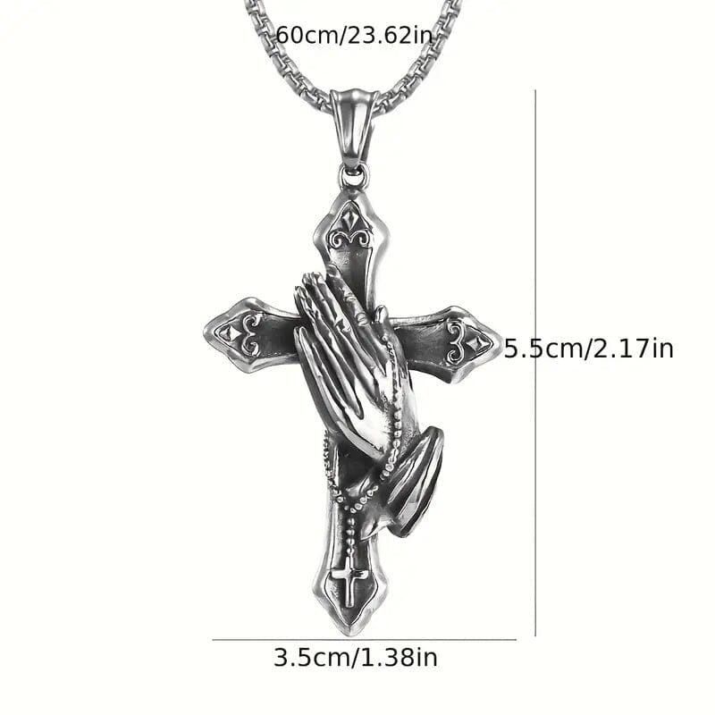 Men's Stainless Steel Prayer Hand and Cross Pendant Necklace Necklaces - DailySale