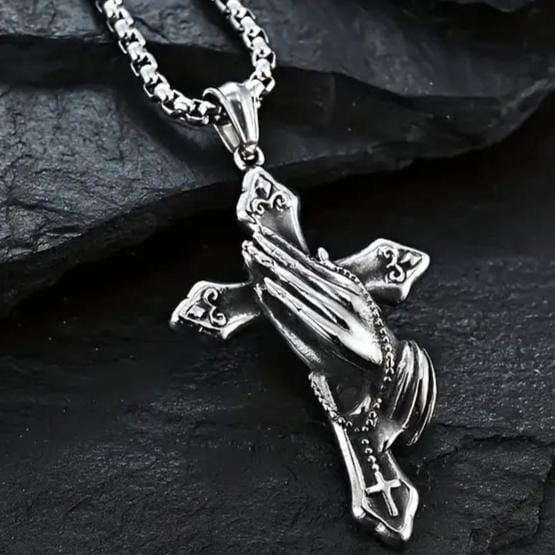 Men's Stainless Steel Prayer Hand and Cross Pendant Necklace Necklaces - DailySale