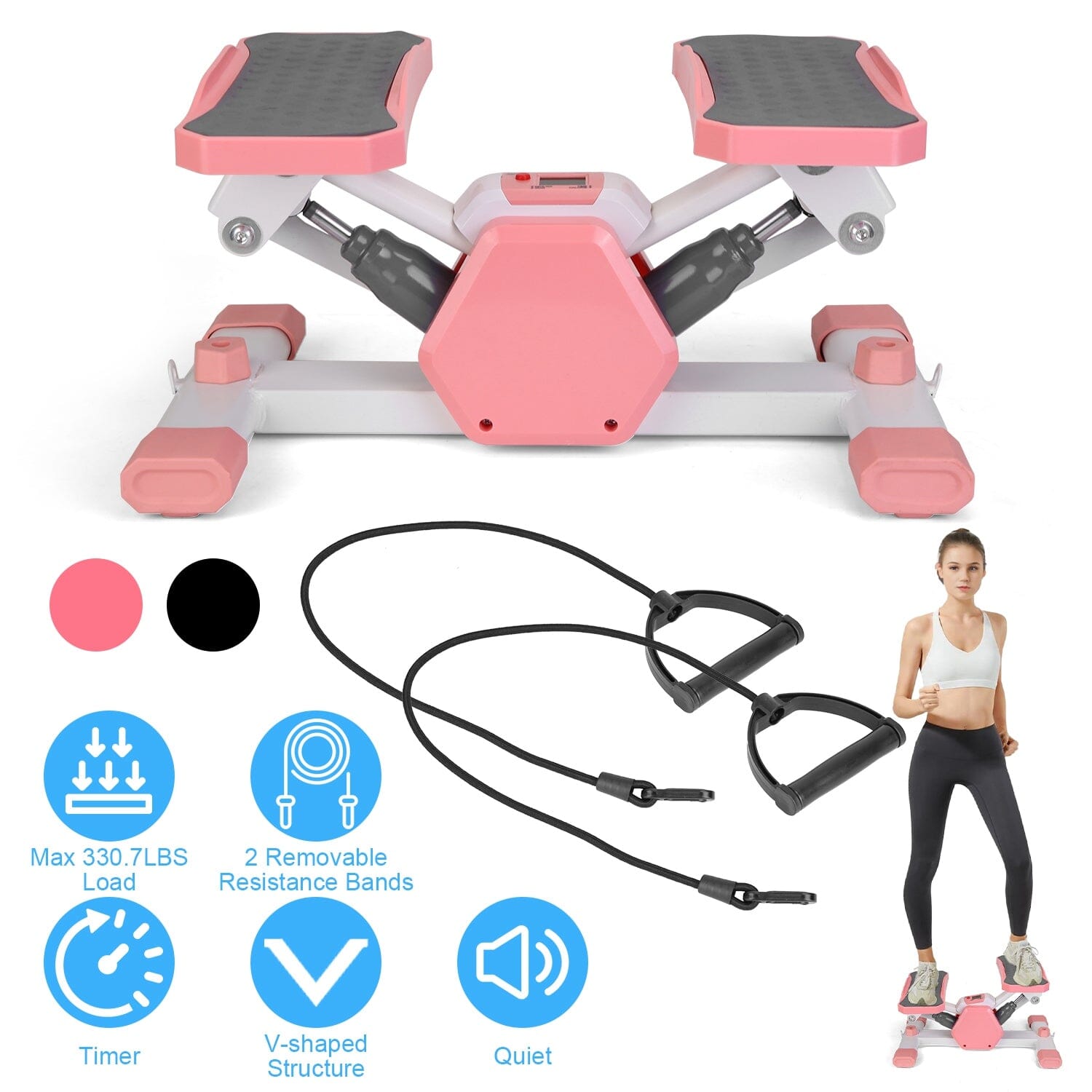 Mini Stepper Stair Stepper with Resistance Bands Quiet Workout with Digital Timer Fitness - DailySale