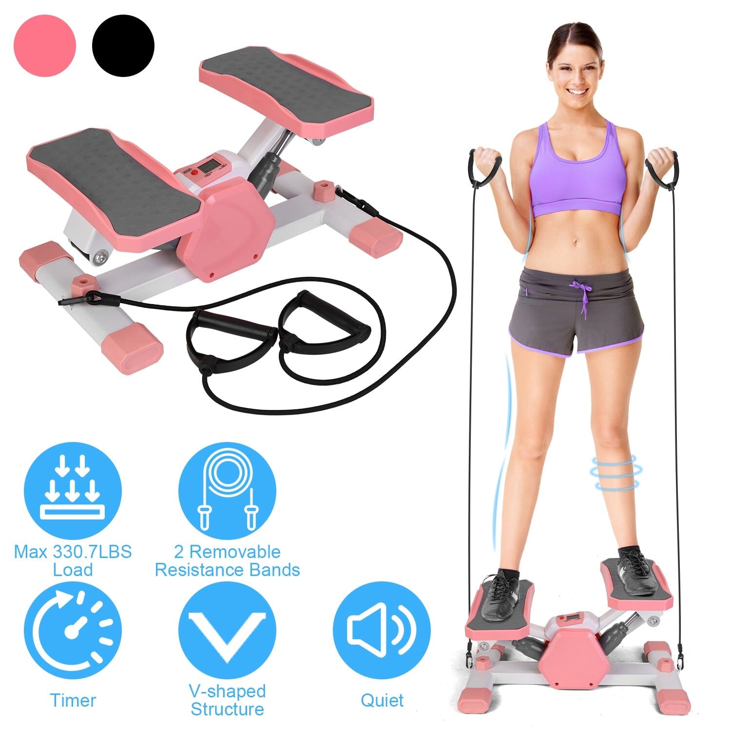 Mini Stepper Stair Stepper with Resistance Bands Quiet Workout with Digital Timer Fitness - DailySale