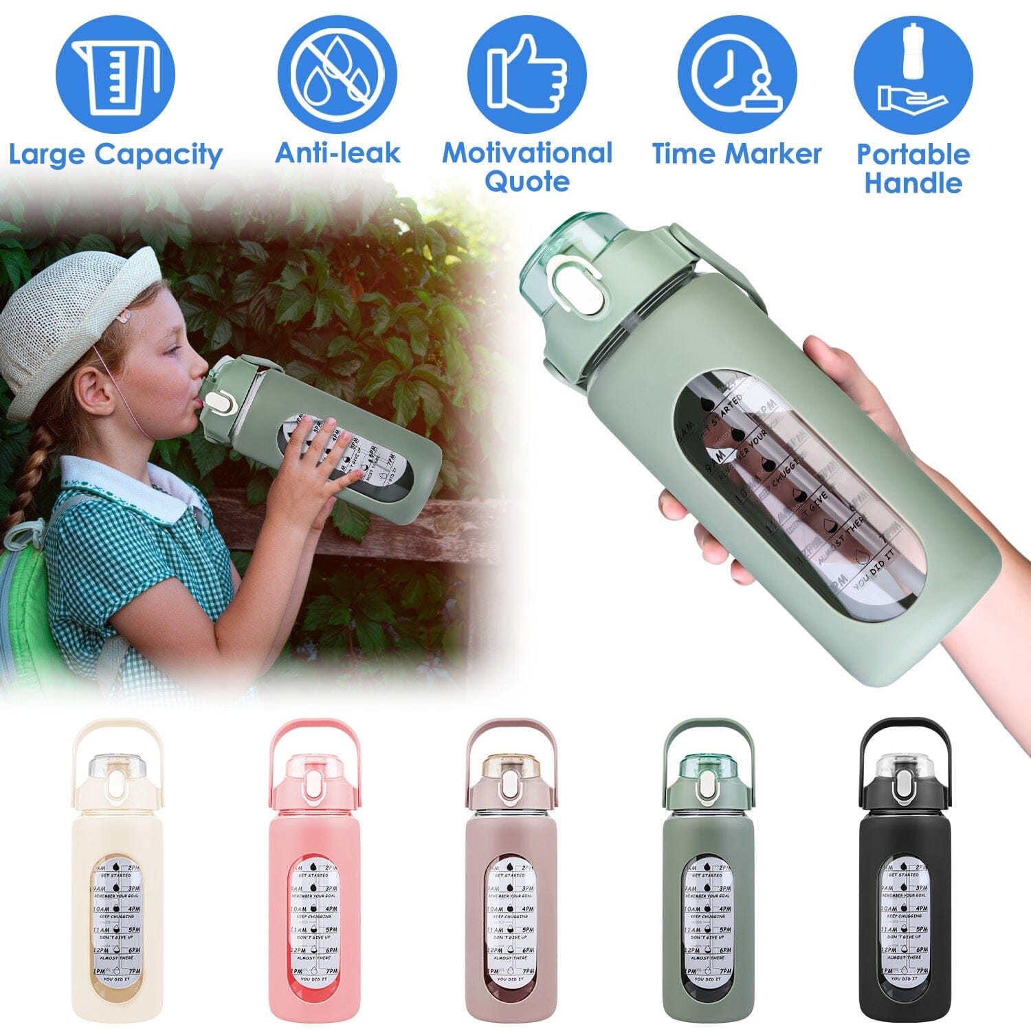 Motivational Water Bottle Intake Tracker with Straw Time Marker Silicone Sleeve Handle Sports & Outdoors - DailySale