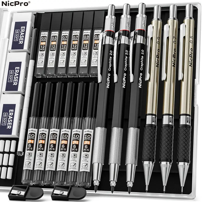 Nicpro Art Mechanical Pencil Set for Writing, Sketching, Drawing With Lead Refills Case Arts & Crafts Black - DailySale