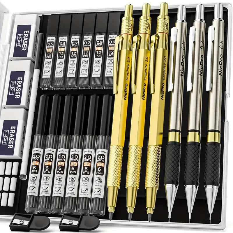 Nicpro Art Mechanical Pencil Set for Writing, Sketching, Drawing With Lead Refills Case Arts & Crafts Gold - DailySale